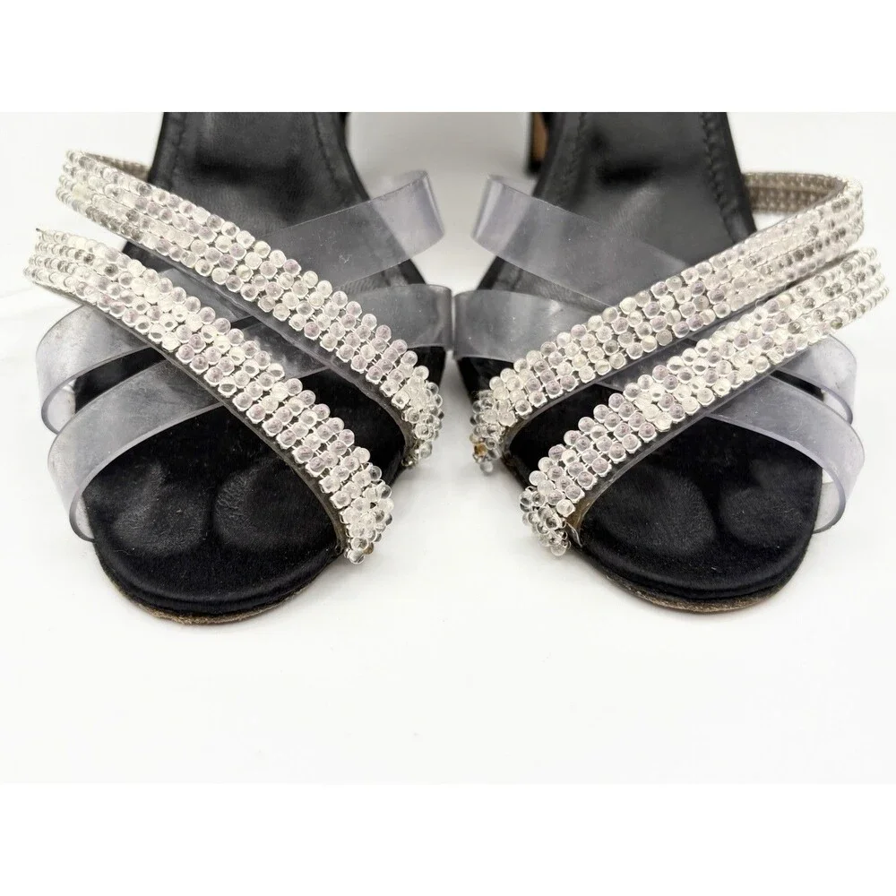 Manolo Blahnik Black Satin & Rhinestone Cross Strap Heels Size EU 38.5